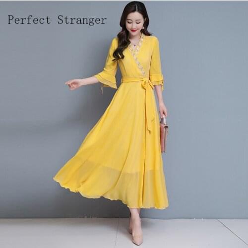 High Quality 2021 Summer Dress For Women V Collar Floral Embroidery Short Sleeve Women Chiffon Long Dress