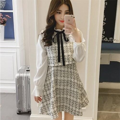 Fake Two Piece Patchwork Tweed Dress Women Bow Tie Long Sleeve Vintage Plaid Paty Dress Runway Autumn Korean Elegant Office A316