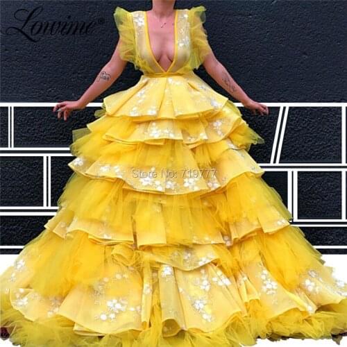 Deep V Neck Yellow Evening Dress Robe De Soiree Dress Party Tiered Abendkleider 2019 Sexy Prom Dresses Abiye African Party Gown