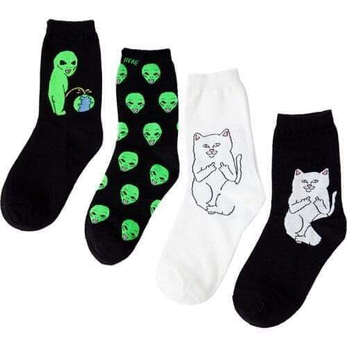 1 Pair Autumn Winter Women Cotton Socks Art Funny Alien Planet Creative Funny Cartoon Cat Breathable Socks Couple socks