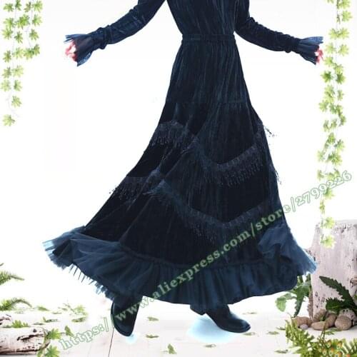 2021 Fashion Retro Vintage Pleated Lace Tassel Stitching Black Golden Velvet Maxi Long Female Skirt Designs Skirts Womens