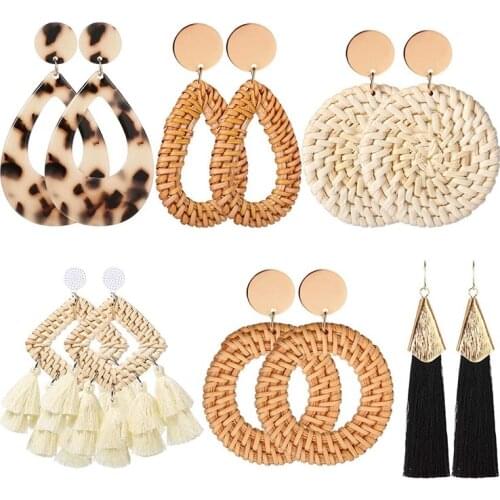 6 Pairs Women Handmade Rattan Earrings Statement Acrylic Earrings Geometric Straw Earrings Tassel Earrings
