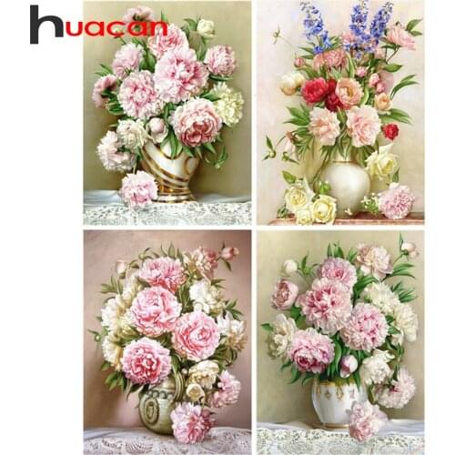 Huacan Diamond Embroidery Complete Kit Vase Peony Diamond Painting 5D Mosaic Flower Creative Hobbies Decorative Paintings