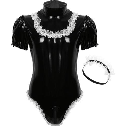 Sexy Fashion Mens Male Adults Sissy Maid Cosplay Costume Wet Look Patent Leather High Neck Short Puff Sleeve Leotard Bodysuit