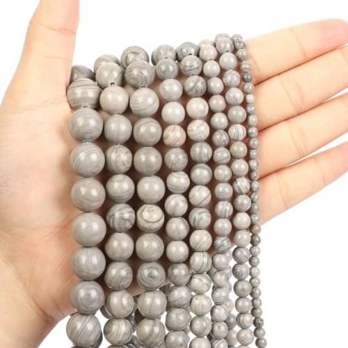 Natural Stone Beads Grey Line Stone Charm Round Loose Beads for Jewelry Making Needlework Bracelet Diy Strand 4/6/8/10/12 MM