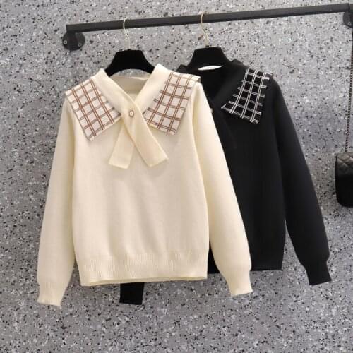 Black Plaid Stitch Bow Plus Large Size Oversize Korean Style Fashion Pullovers For WomenS Ladies Sweater 2021 Clothes Tops