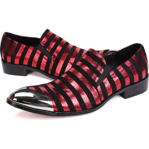 Christia Bella Metal Pointed Toe Red Stripe Genuine Leather Male Shoes Party Dress Mens Handmade Shoes Man Fashion Prom Shoes