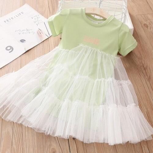 2021 Summer New Cute 2 3 4 6 8 10Years Child Solid Candy Color Lace Patchwork Short Sleeve Mesh Layered Dress For Kids Baby Girl