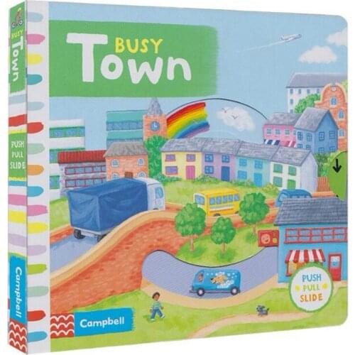 Campbell Busy Town Push Pull Slide Movable Mechanical Book English Picture Flap Board Book Baby Infant Kids Early Education Toy