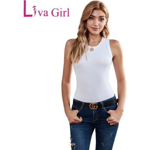 LIVA GIRL Woman Solid Round Neck Ribbed Tank Top 2021Summer Brief Slim Knitted Tops Female Plus Size Casual High Elastic Tank