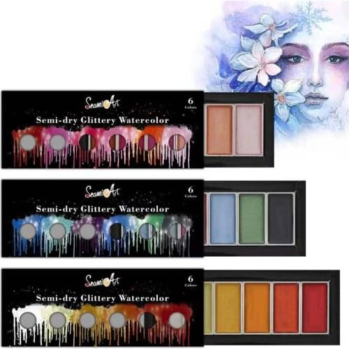 SeamiArt 6Color Cool/Warm/Metallic Watercolor Paint Set for Artist Drawing Glitter Paint Water Color Pan Pigment Art Supplies