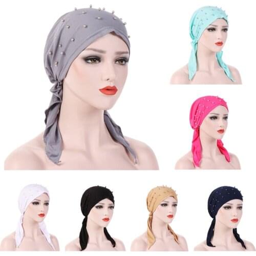 New Islamic Arab Women Hijab Hats Indian Turban Beading Headwear Wrap Head Cover Cap Cancer Chemo Beanie Underscarf Stretch Caps