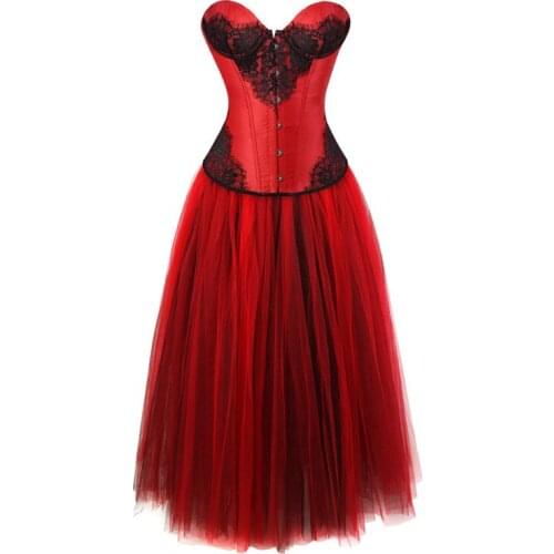 Sapubonva Red Vintage Party Gothic Long Skirts Set Corsets Dresses Women Overbust Corset Bustier Waist Trainer Corsetto Lace