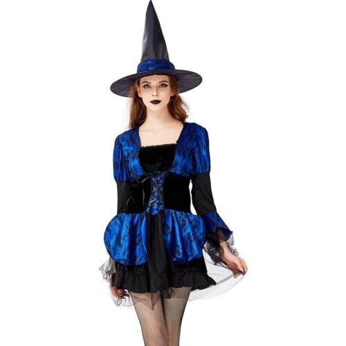 Sexy Halloween Women Witch Costume Blue Fancy Dresses With Hat Carnival Animation Cosplay Costumes Sorceress Clothes