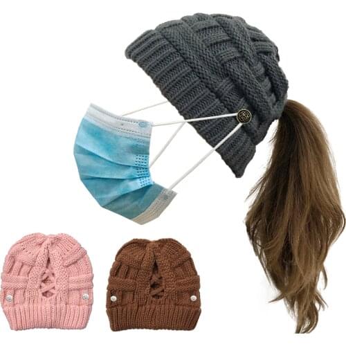 2021 Fashion Keep Warm Cap Winter Bamboo Knitted Hat Button Mask Outdoor Warm Wool Hat Horsetail Hat