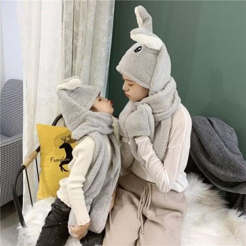 Winter warm neck hat gloves scarf all-in-one children shake the same will move rabbit ear hat girl