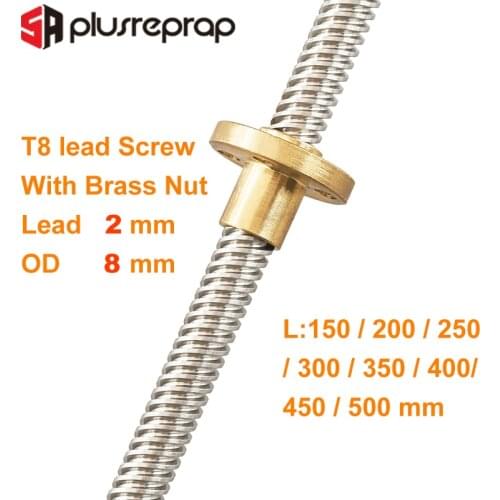 T8 Lead Screw Lead 2mm 150mm 200mm 250mm 300mm 350mm 400mm 450mm 500mm with Brass Nut for Reprap 3D Printer Z Axis