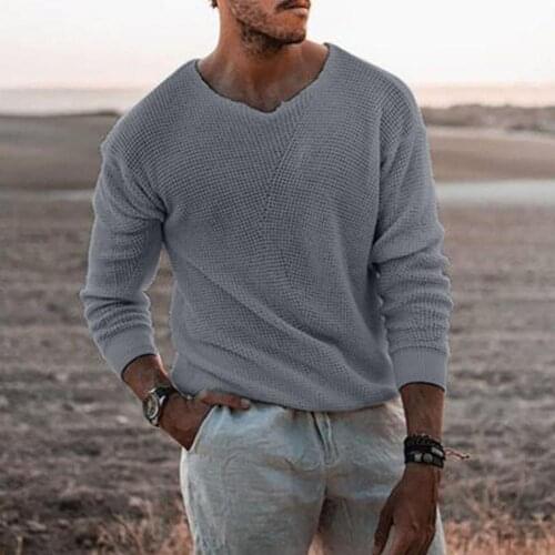 2021 Autumn Spring Casual Men Sweater Long Sleeve Solid Color Breathable V Neck Stretchy Knitted Pullover Sweater Streetwear