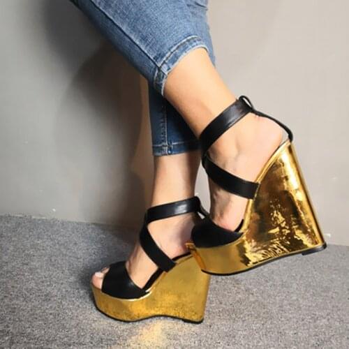 Size47 Women Shoes Platform Sandals Women Peep Toe Gold High Wedges Heel Sandalia Espadrilles Female Black Sandals Shoes