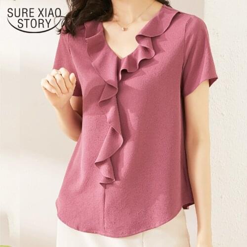 Blusas Mujer Solid Color Ruffled Chiffon Shirt Women Short Sleeve All-match Slim-Fit Fashion Style Summer Tops and Blouse 10055