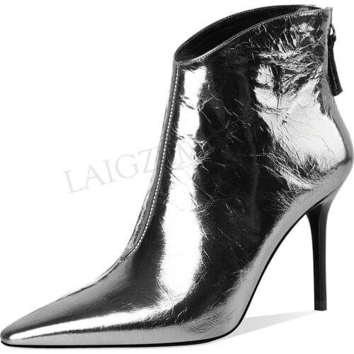LAIGZEM 2020 Metallic Women Booties Stiletto Heels Winter Boots Leather Ladies Winter Boots Shoes Botas Mujer Size 37 38 39