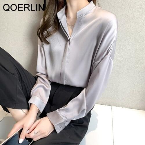 QOERLIN Stand Collar Full Sleeve Grey Blouses Women Plus Size Single-Breasted Tops Shirts Female Solid Spring Autumn Blusa Mujer