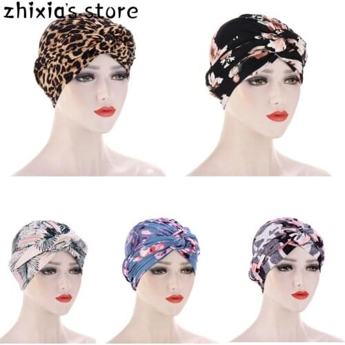 2020 new women flower print wrap head turban caps twisted muslim hijab turbans female headban bonnet islamic headscarf india hat