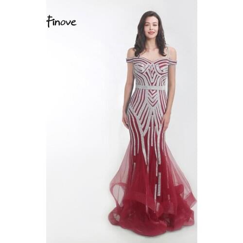 Finove Evening Dress Women Elegant Stunning Crystals Off The Shoulder Mermaid Dress Sweetheart Formal Long Party Gowns Plus Size