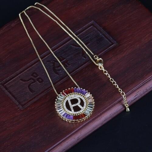 Gold capital 26 initial alphabet word A-Z ABC name charm pave rectangle rainbow cz crystal chain choker pendant necklace women