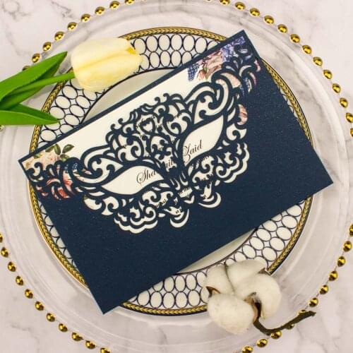 Free Shipping 1X mask glitter Navy Wedding Invitation Card Laser cut Hollow wedding invitations Invite greeting cards envelope