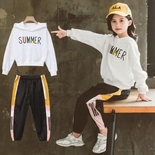 3-12Years Teenager Girls Letter Print Hooded T-shirt+Loose Long Pant 2PCS Outfits Children Tracksuit Sportswear Clothing Set