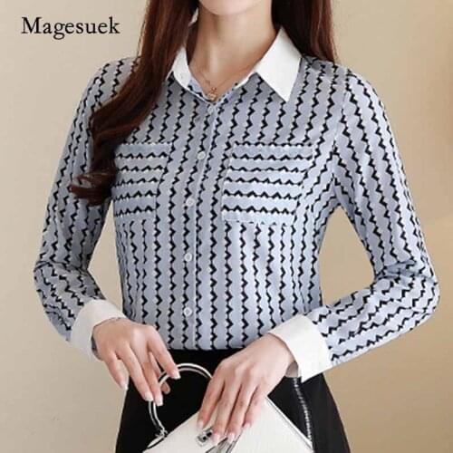 2020 Autumn Fashion Long Sleeve Womens Shirts Korean Blue Slim Tops Women Blouses for Office Lady Chiffon Blouse Female 10754
