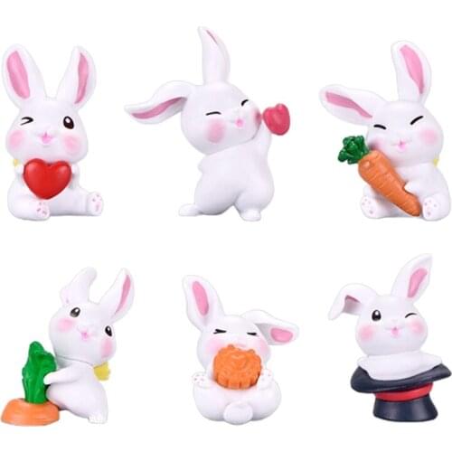 6pcs Cartoon Rabbit Bunny Miniature Figurine Micro Landscape Ornaments Desk Mini Dollhouse Toy Fairy Garden Accessory