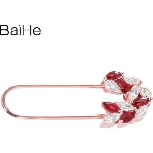BAIHE Genuine Solid 14K Yellow Gold Natural Ruby Diamonds Wedding Trendy Fine Jewelry Gift Diamond Ruby Pin Brooch Women брошь