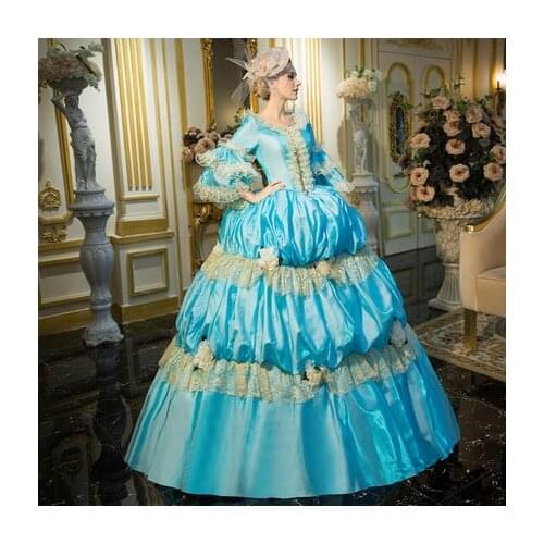 100%real blue lace flower bubble ball gown Medieval Renaissance Gown Victorian Antoinette princess court ball gown Belle Ball