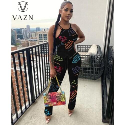 VAZN 2020 Hot Summer Boho Letter Women Sleeveless Casual Bandage Set Tracksuit Sexy Suit 2 Piece Set Lady Sets