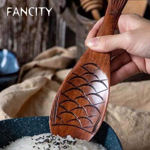 FANCITY Rice spoon wooden household rice spatula creative personality tableware rice spoon short handle wooden spoon for eating