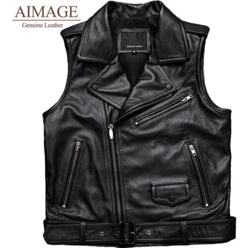 AIMAGE Men Leather Jacket 100% Genuine Real cow Goat Black Male Motorcycle Biker coat sleeveless Classical Perfecto Jacket