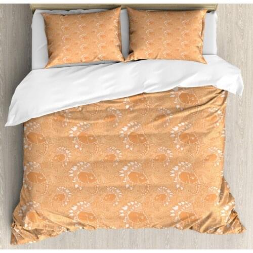 Boho Duvet Cover Set Elephant Hat with Feathers and Ornaments 3 Piece Bedding Set Pale Orange White