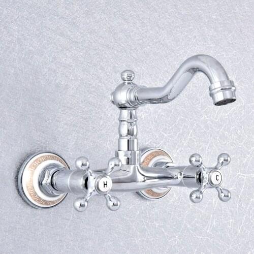 Chrome Swivel Spout Bathroom Sink Faucet Dual Knobs Wall Mounted Kitchen Mixers