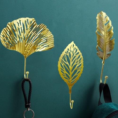 Wall Hooks for Hanging Clothes No-punch Wall Hanger Coat Key Hook Iron Art Wall Decorations Golden Leaves home storage