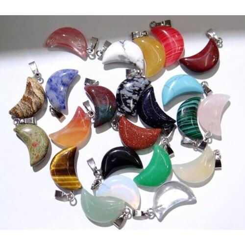 Natural Stone Quartz Crystal tiger eyeTurquoises Opalite Mix Onyx Charms Moon Pendants For diy Jewelry Making necklace 12PC