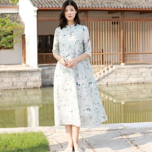 SCUWLINEN 2020 Spring Summer Women Dress Chinese-style Print Stand-sollar Plate Buttons Double Layer Long Ramie Dress S882