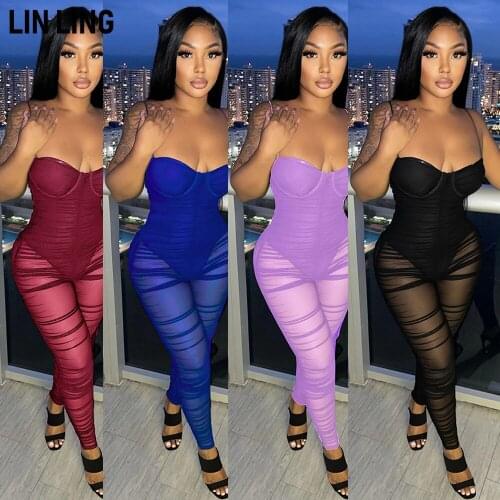 LINLING Solid Color Sexy Chest Wrapped Suspender Backless Perspective Jumpsuit 2021 Summer Womens Jumpsuit