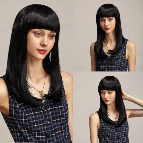 Rebcass Cosplay Long Straight Black Synthetic Wigs with Bangs for Women African American Lolita Daily Party Heat Resistant Fibre