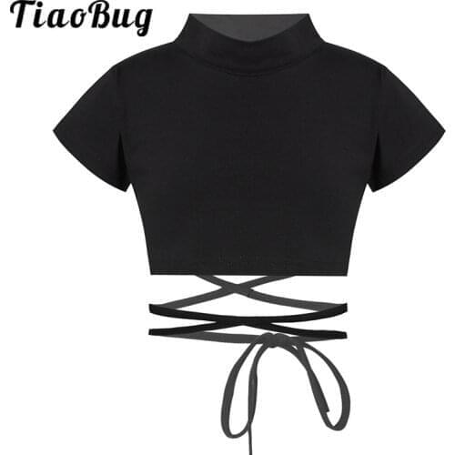 Kids Girls Black Dance Tops Cotton Short Sleeve Bandage Hollow Out Crop Top Children Modern Hip Hop Clothes Jazz Dance Costume