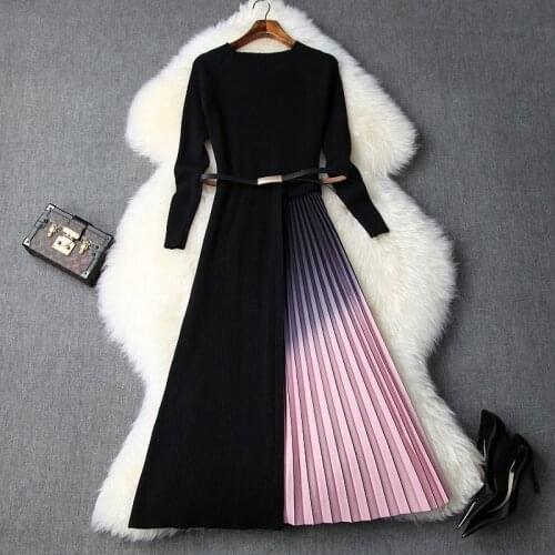 Streetwe Patchwork Knitted Dress with Belt 2020 Autumn Winter Long Sleeve Pleated Dress Women Vintage Long Dresses Vestidos