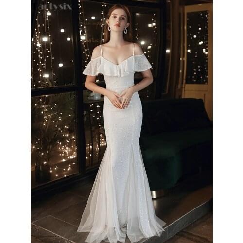 Partysix Off Shoulder V-Neck Party Gowns Gold Glitter Long Evening Gowns Female Banquet Mermaid Dresses