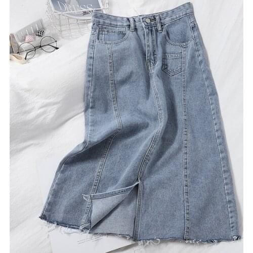 Abrini 2021 Summer Fall High Waist Bull-puncher Skirt Jean Straight Casual Basics Pocket Slim Mid-Calf Skirts Preppy Style