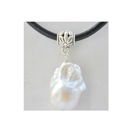 White baroque keshi reborn pearl pendant leather necklace 17inch